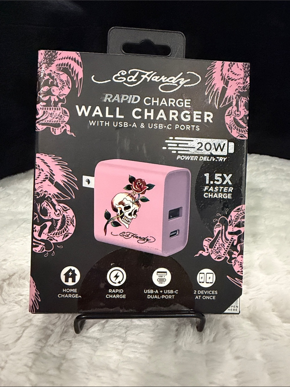 Ed Hardy Pink Skull & Rose 20W Dual-Port Wall Charger
